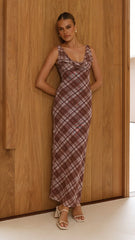 Harena Off Shoulder Maxi Dress - Brown Plaid Print