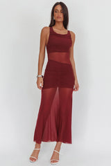 Sade Sheer Panel Ruched Maxi Dress Wine