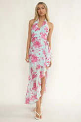 Nerida Waist Tie Asymmetric Dress Floral Ice Blue