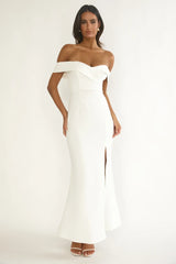 Rider Off-Shoulder Front Split Maxi Dress White