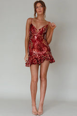 Lake Como Fitted Bodice Sequin Mini Dress Red