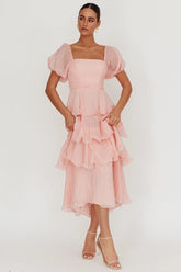 Giavana Puff Sleeve Layered Maxi Dress Baby Pink