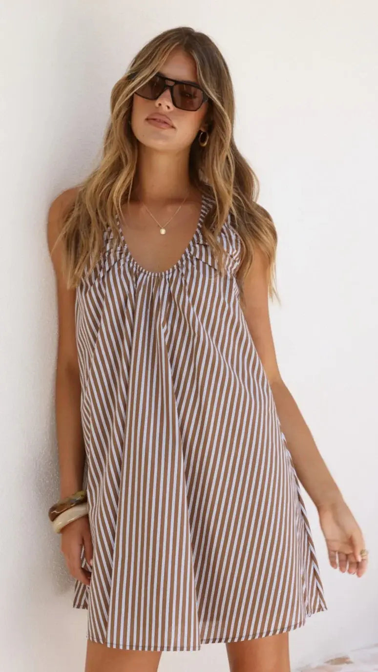 Alaya Mini Dress - Brown/Blue Stripe