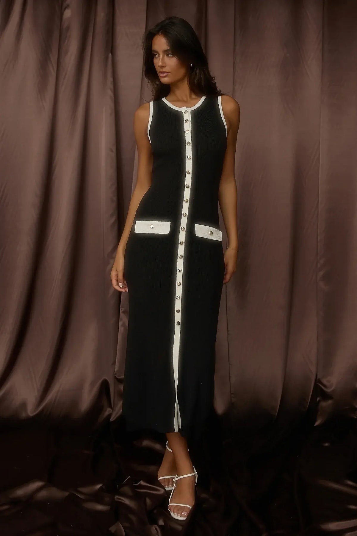 Thessa Faux Placket Knit Maxi Dress Black