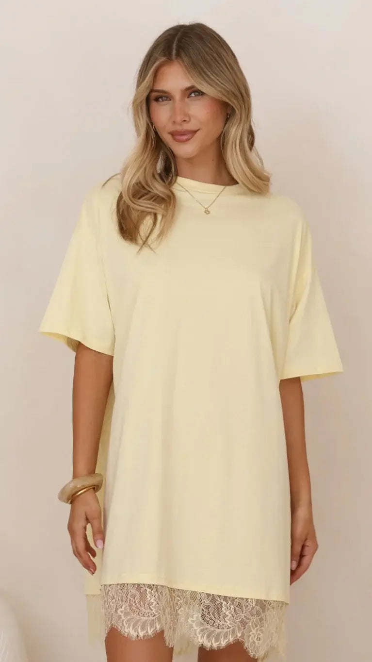 Saya T Shirt Lace Mini Dress - Yellow