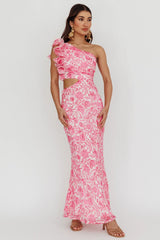 Deanna One-Shoulder Ruffle Midi Dress Floral Pink